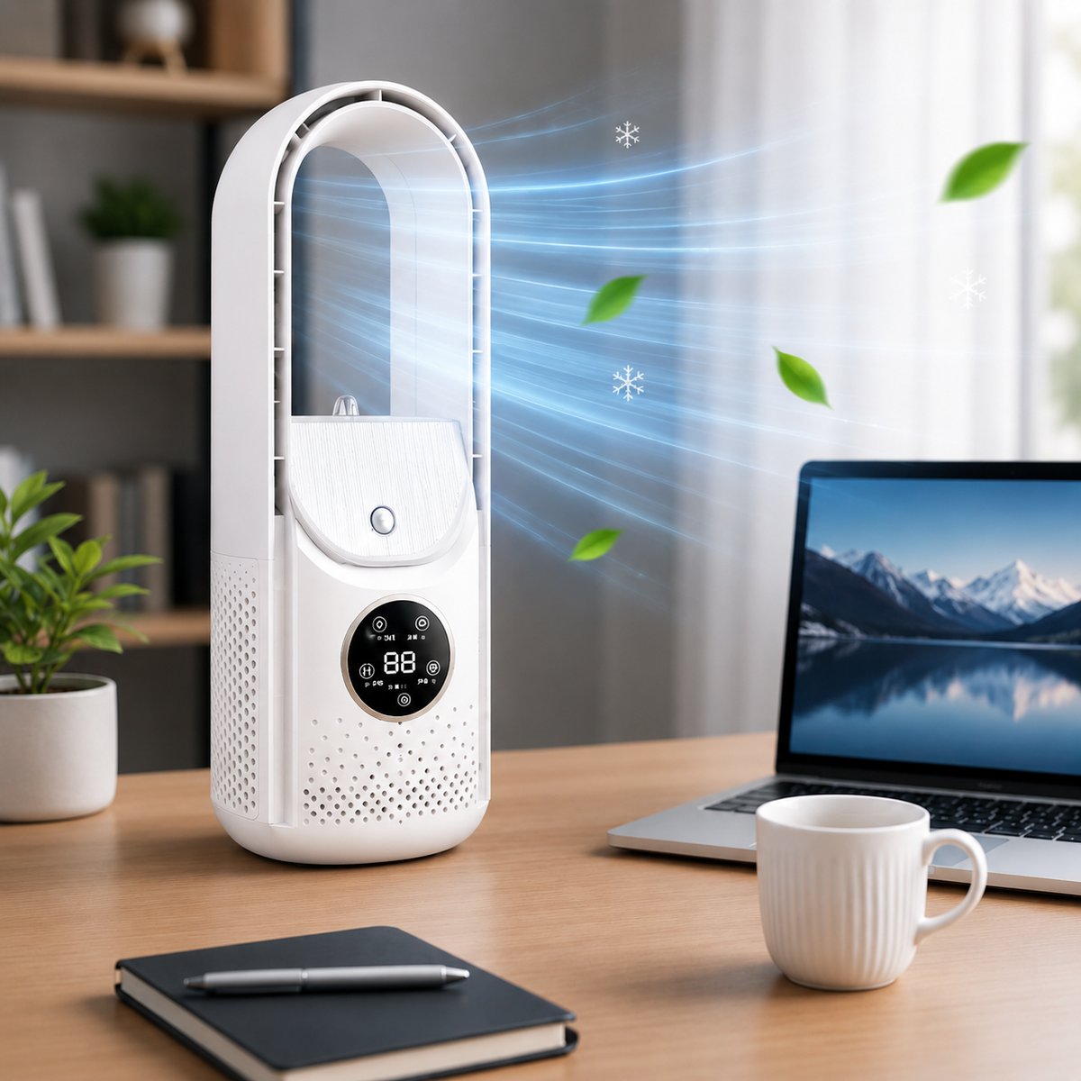 Portable bladeless air cooler, quiet and compact design for home and office use
