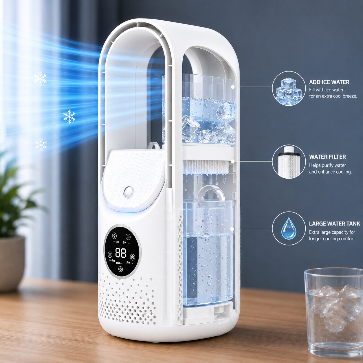 Portable bladeless air cooler, quiet and compact design for home and office use
