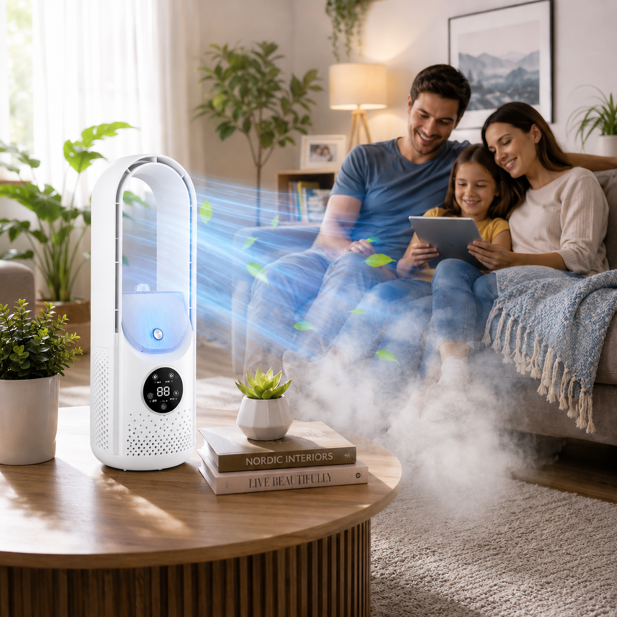 Portable bladeless air cooler, quiet and compact design for home and office use