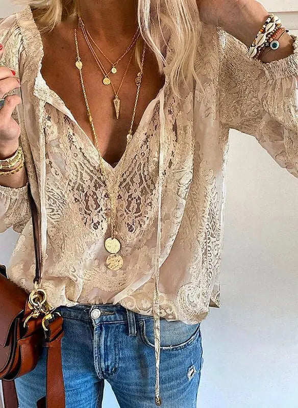 Women boho blouse with cutout neckline flowing bohemian style