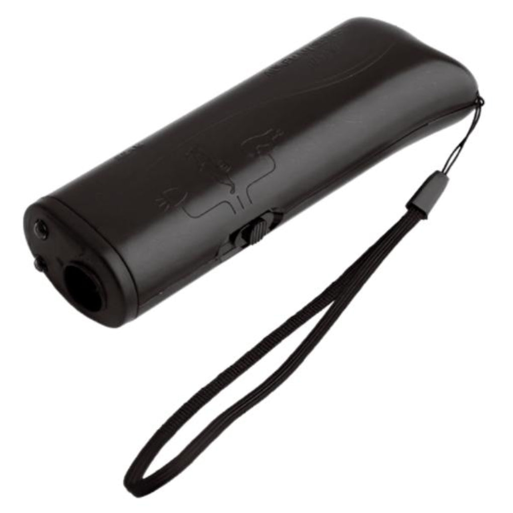 Dog anti bark ultrasonic deterrent device with built-in LED flashlight, compact ABS design
