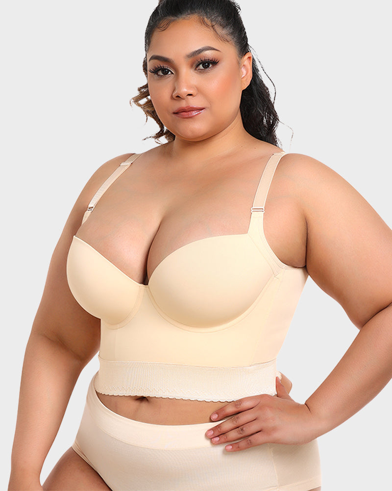 Women longline push up bra padded underwire support in black and beige