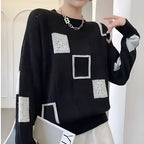 Women knit sweater geometric pattern relaxed fit ribbed cuffs