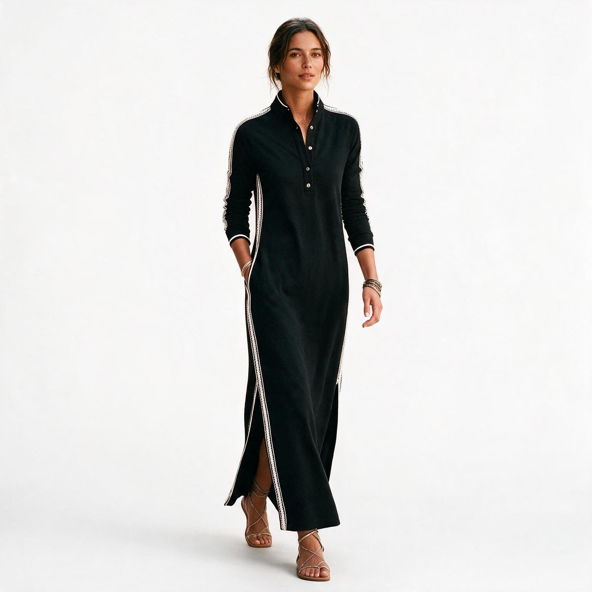 White Maxi Dress Women Button Down Collar Long Sleeve | Marlow