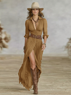 Women's maxi shirt dress with pleated skirt and long sleeves, button-front lapel collar