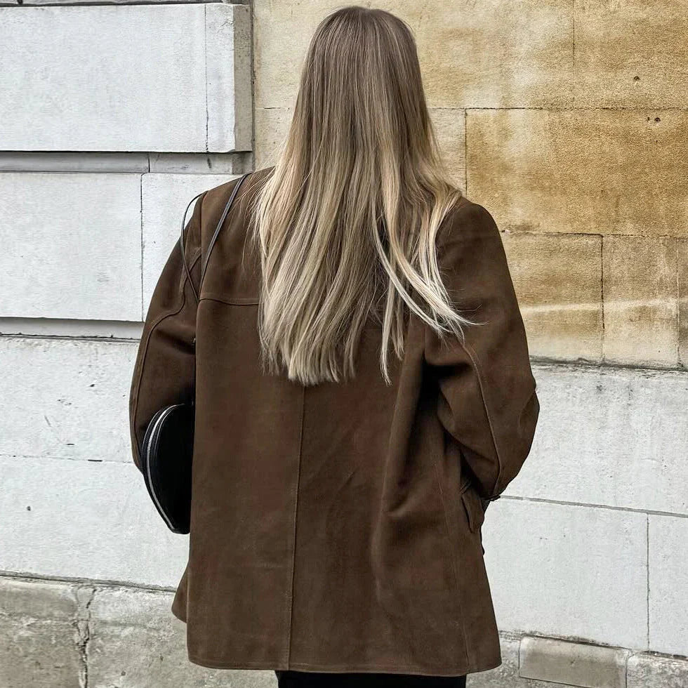 Women's brown suede blazer with stretch fit, everyday chic style