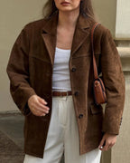 Women's brown suede blazer with stretch fit, everyday chic style