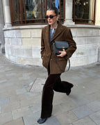Women's brown suede blazer with stretch fit, everyday chic style