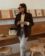 Women's brown suede blazer with stretch fit, everyday chic style