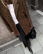 Women's brown suede blazer with stretch fit, everyday chic style
