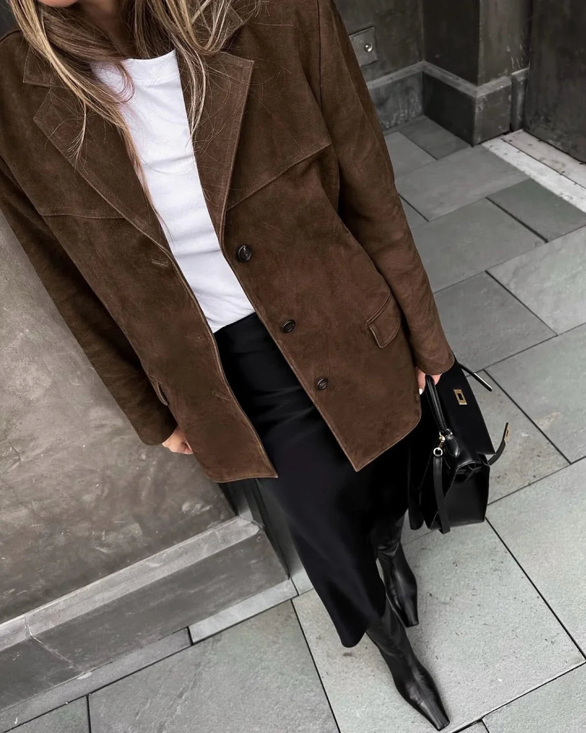 Women's brown suede blazer with stretch fit, everyday chic style
