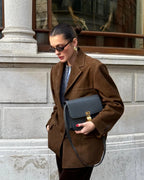 Women's brown suede blazer with stretch fit, everyday chic style