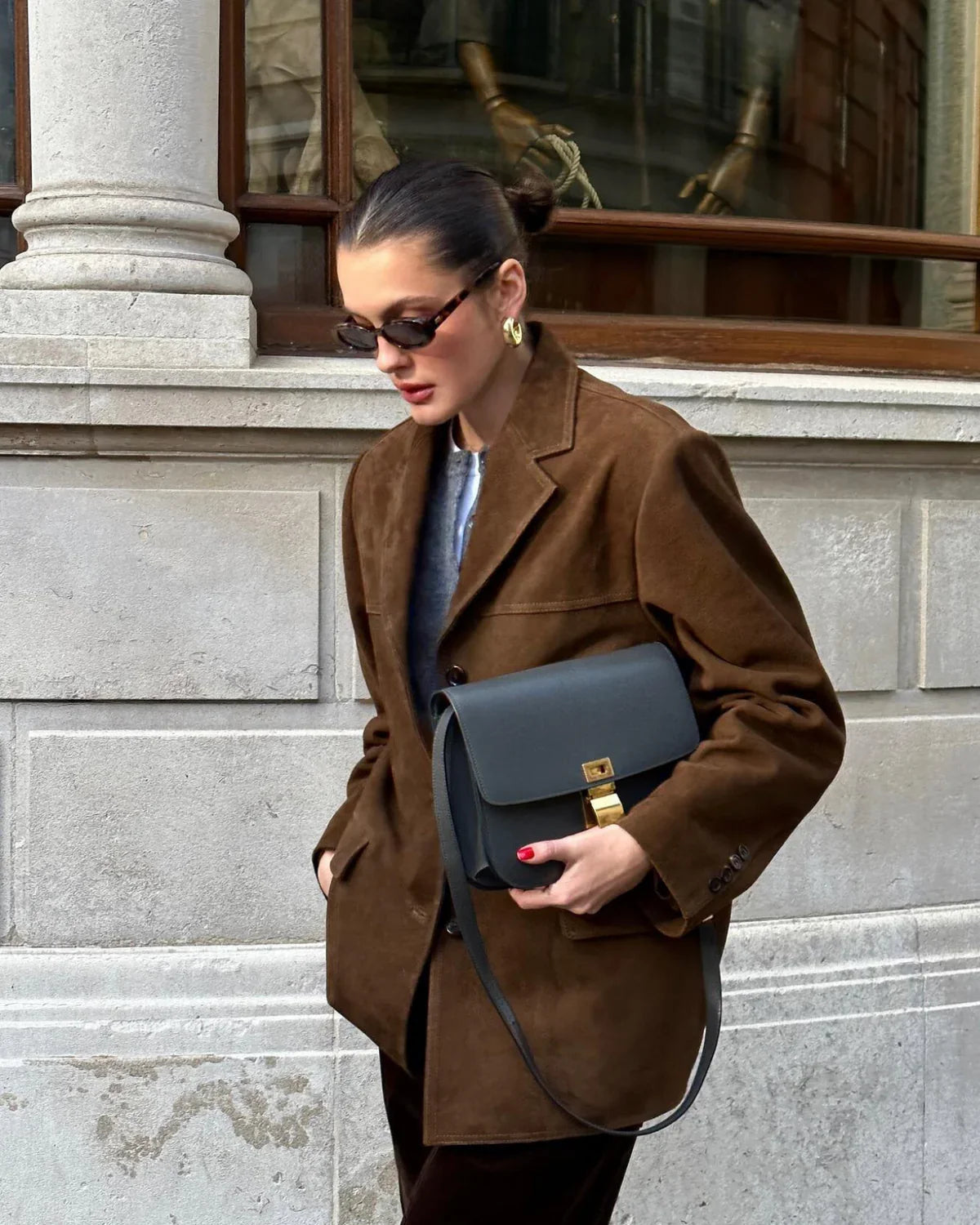Women's brown suede blazer with stretch fit, everyday chic style
