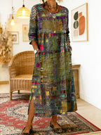 Women's denim dress with ethnic patchwork detail, loose fit boho summer style