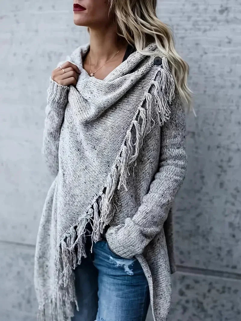 Women fringe collar tunic knit sweater relaxed longline fit cold weather