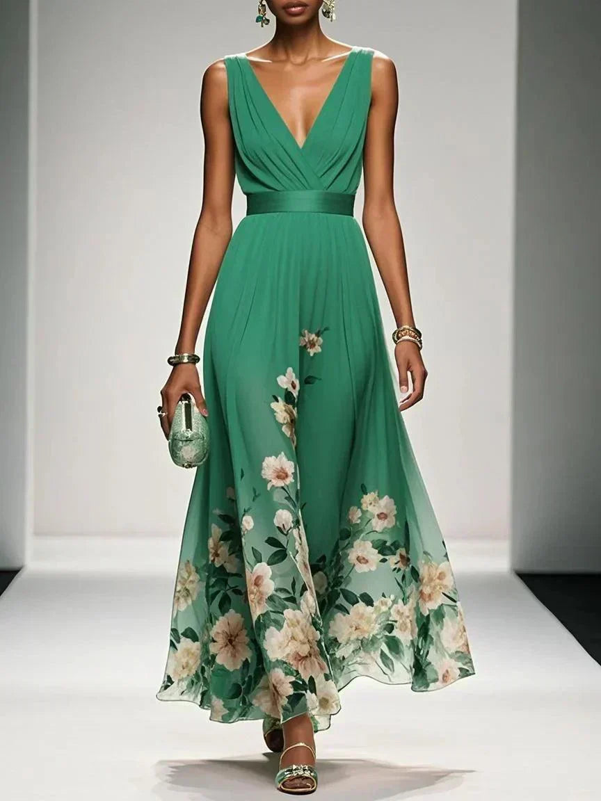 Women's floral print wedding guest dress, A-line V-neck flowing silhouette
