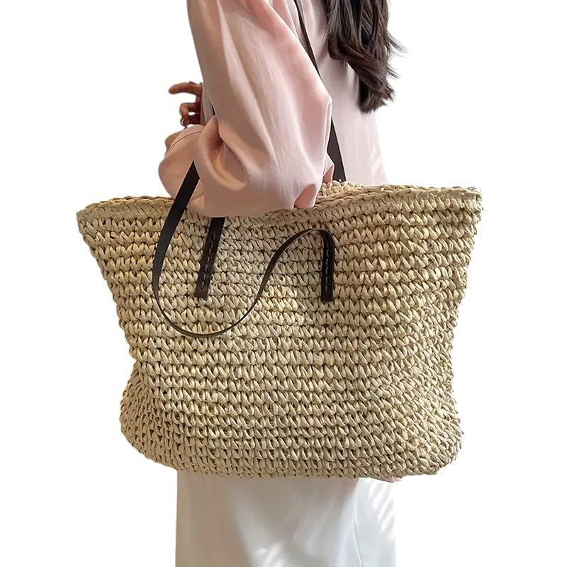 Women woven tote bag spacious lightweight shoulder bag