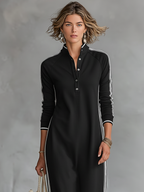 Women's maxi sweatshirt dress with button-down collar and white trim, minimalist relaxed fit
