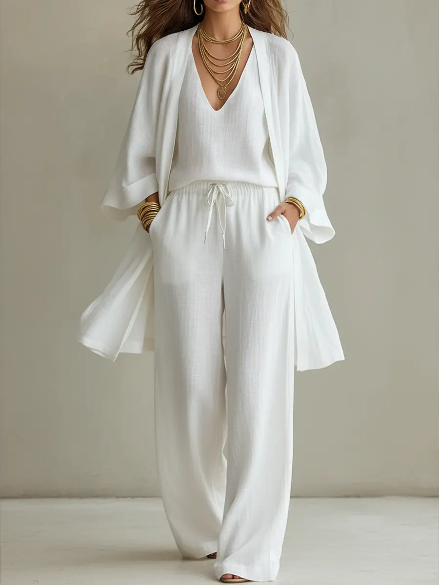 Wide Leg Linen Pants Women 3 Piece Set Cardigan Top | Halcyon