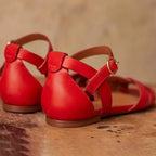 Women strappy flat sandals with adjustable ankle strap in red black and brown