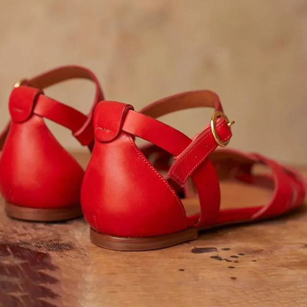 Women strappy flat sandals with adjustable ankle strap in red black and brown