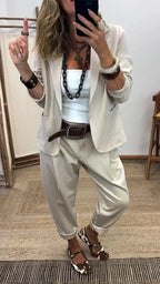 Women 2 Piece Blazer Tapered Trousers Set with single button and rolled sleeves