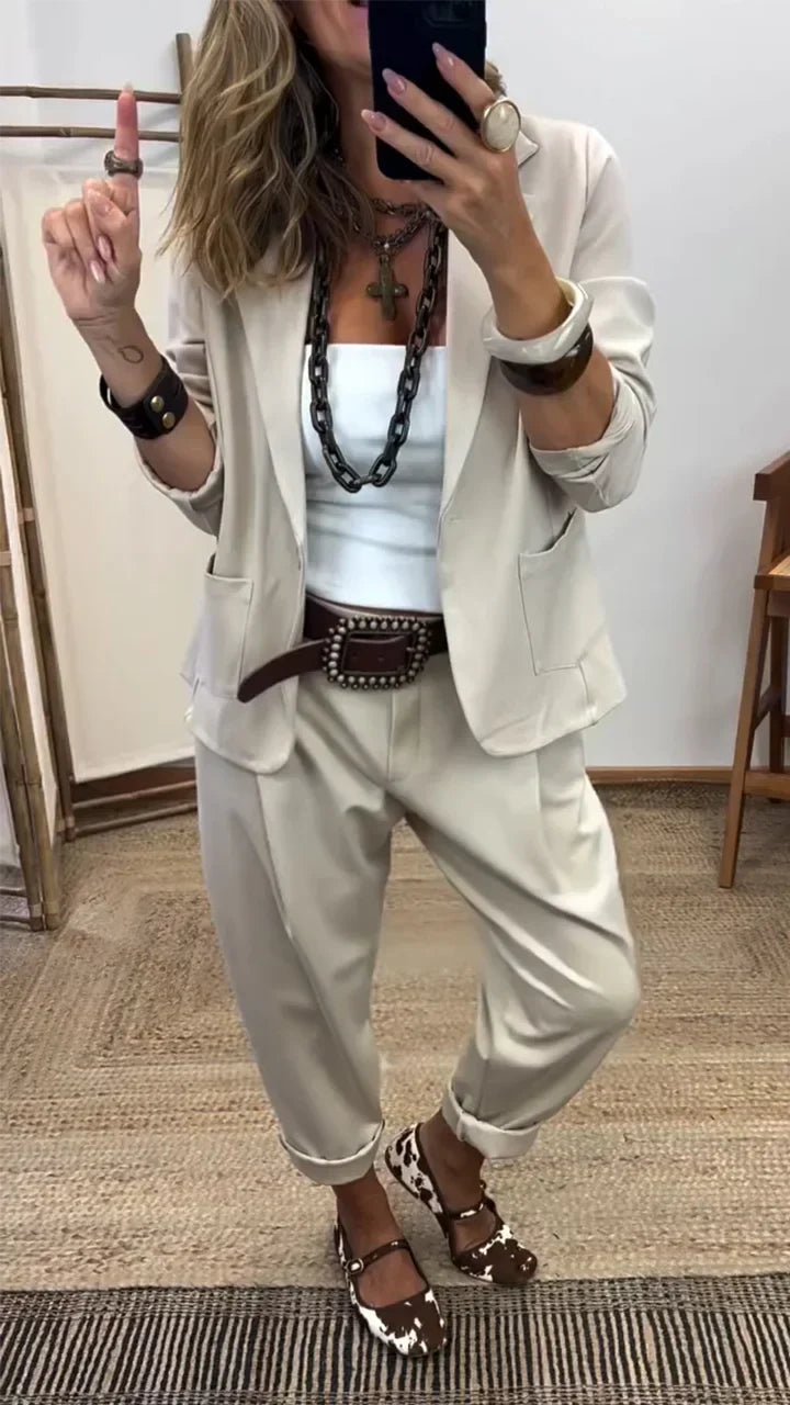 Women 2 Piece Blazer Tapered Trousers Set with single button and rolled sleeves