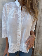 Women lace embroidered blouse in white, delicate floral embroidery feminine top