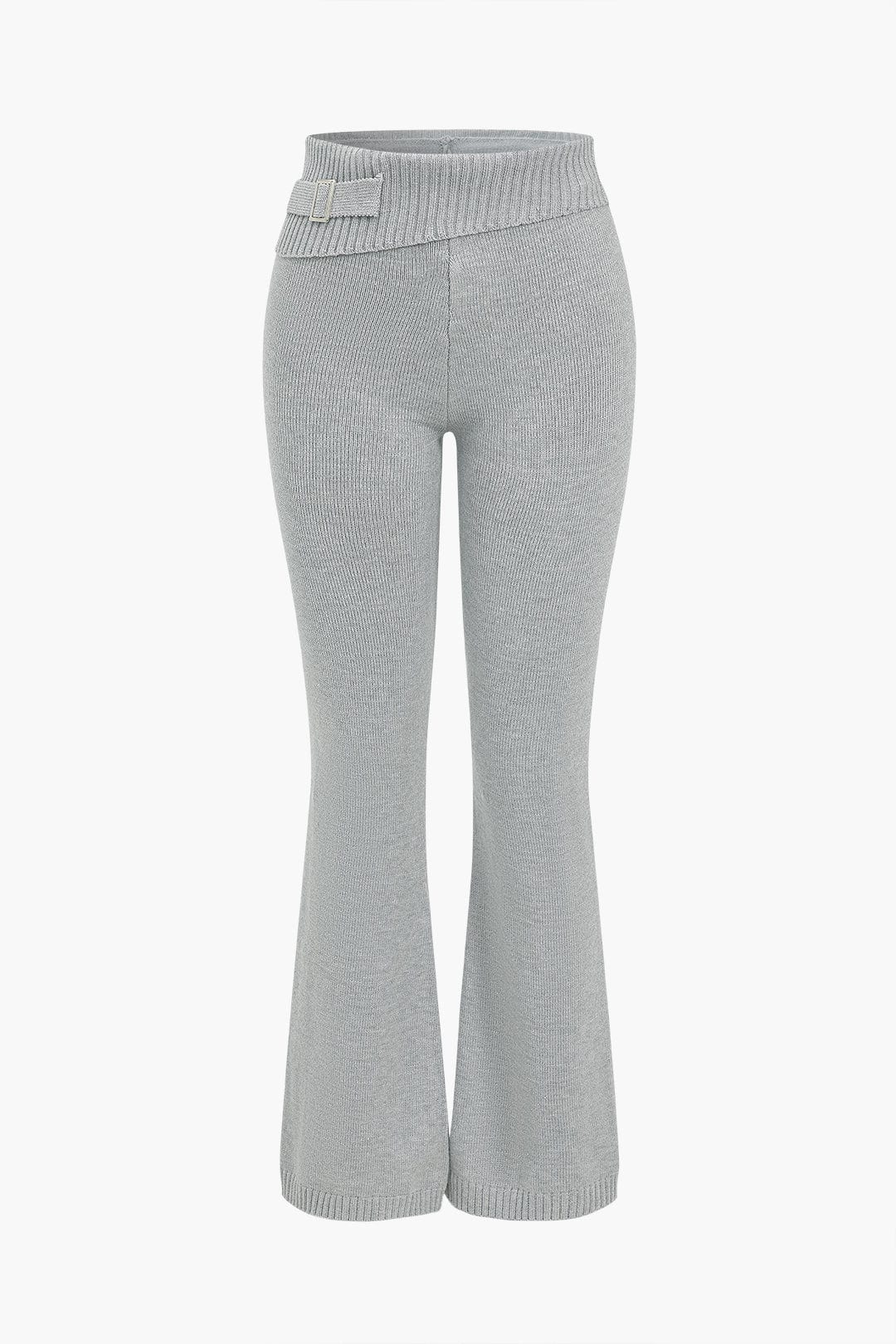 Women 2 piece knit hoodie and flared pants set with side buckle detail