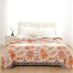 Bohemian cotton throw blanket with tassel fringe and floral jacquard pattern, cream white, 200x230cm