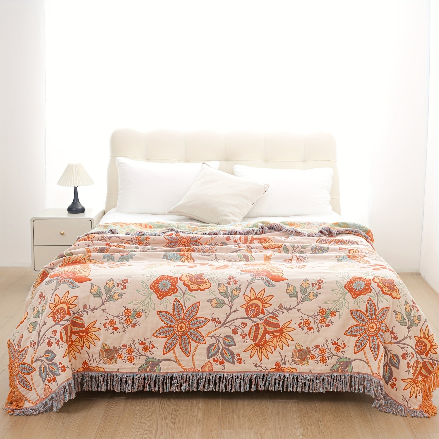 Bohemian cotton throw blanket with tassel fringe and floral jacquard pattern, cream white, 200x230cm
