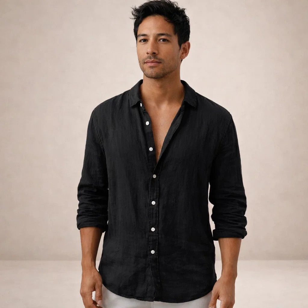 Men's linen shirt casual breathable long sleeve open collar