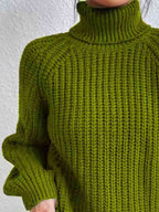 Women ribbed knit turtleneck sweater with side slit hem, autumn winter