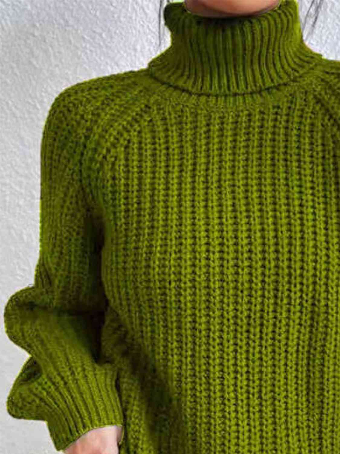 Women ribbed knit turtleneck sweater with side slit hem, autumn winter