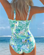Women's one-piece swimsuit sky blue botanical print with ruching and modest coverage