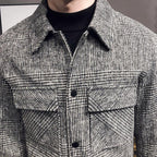 Men plaid shirt jacket relaxed fit button-up in grey and taupe