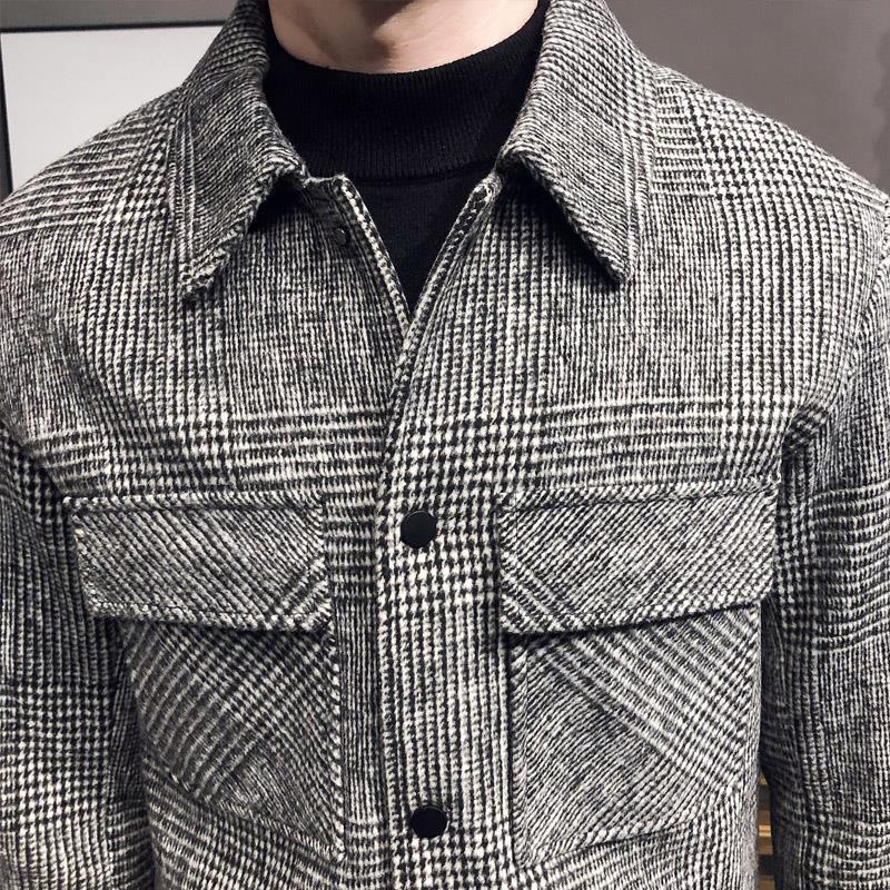 Men plaid shirt jacket relaxed fit button-up in grey and taupe