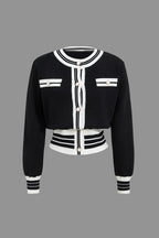 Women's knit two-piece set with cropped cardigan and wide-leg pants, black and white