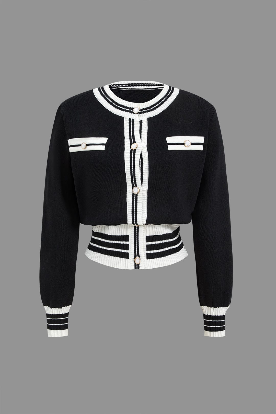 Women's knit two-piece set with cropped cardigan and wide-leg pants, black and white