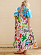 Women's midi dress tropical print, lapel neckline, adjustable waist tie, summer