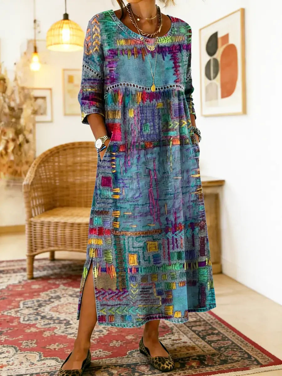 Women's denim dress with ethnic patchwork detail, loose fit boho summer style