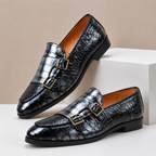 Men's leather loafers with double monk strap buckles and almond toe, crocodile-embossed finish