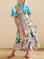 Women's midi dress tropical print, lapel neckline, adjustable waist tie, summer
