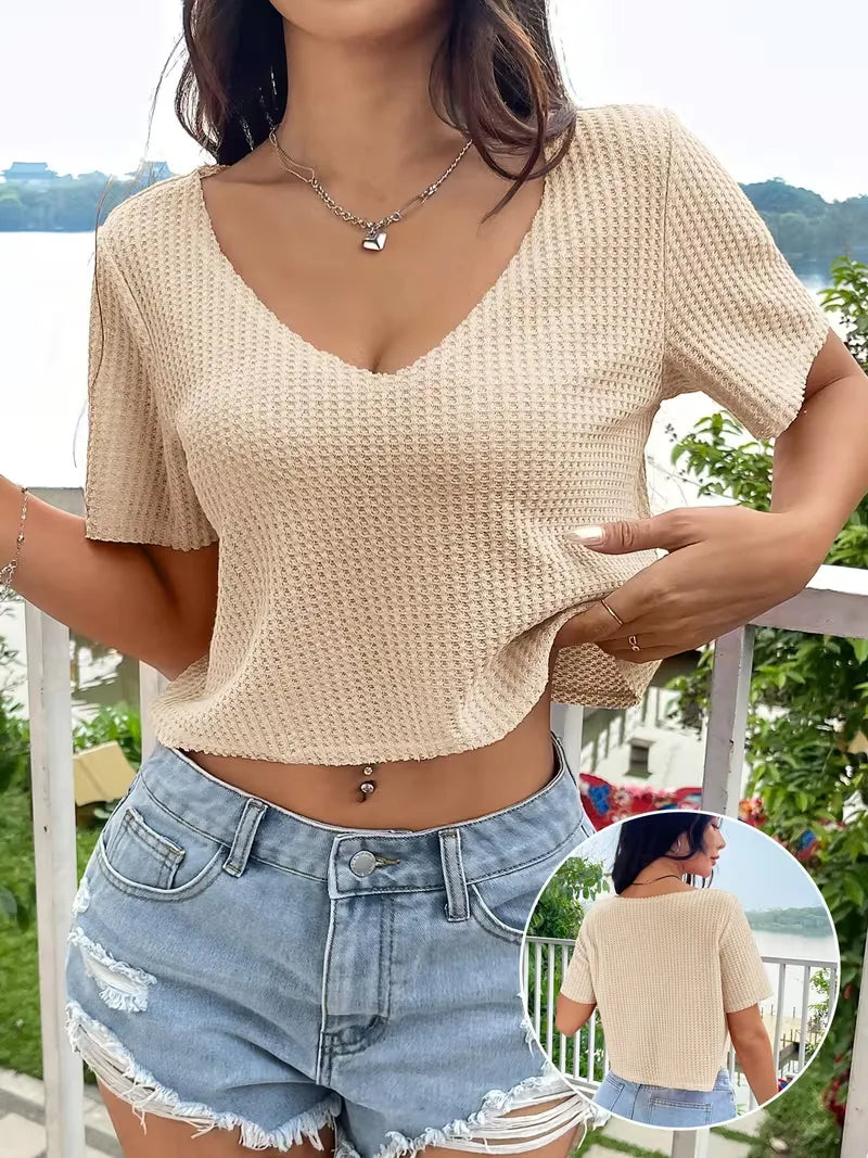 Women Crop Top V Neck Waffle Knit Short Sleeve | Wilhelmina