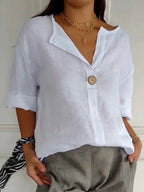 Women's lightweight V-neck blouse loose fit summer top with button detail