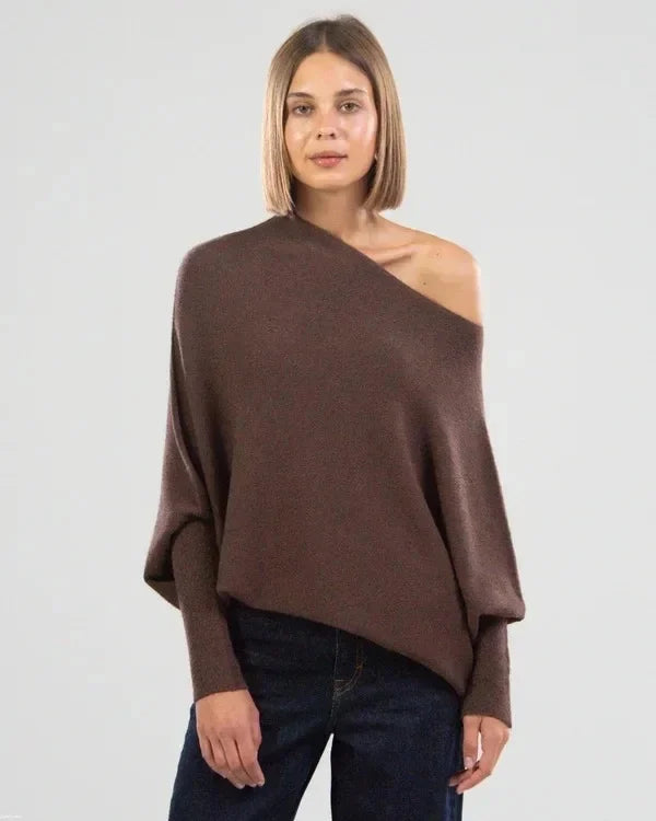 Women asymmetric draped pullover sweater with swing collar in multiple colours