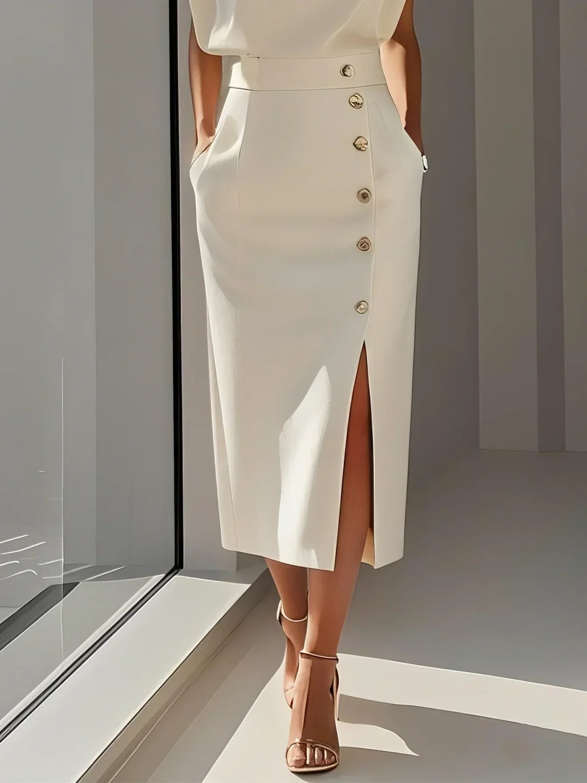 Women's structured midi dress with round neckline and button slit detail