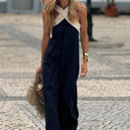 Women's maxi cross neck dress with open back, available in Black, White, Navy Blue and Gray