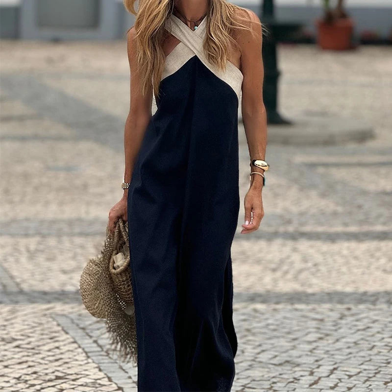 Women's maxi cross neck dress with open back, available in Black, White, Navy Blue and Gray