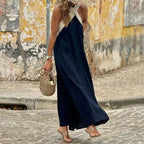 Women's maxi cross neck dress with open back, available in Black, White, Navy Blue and Gray